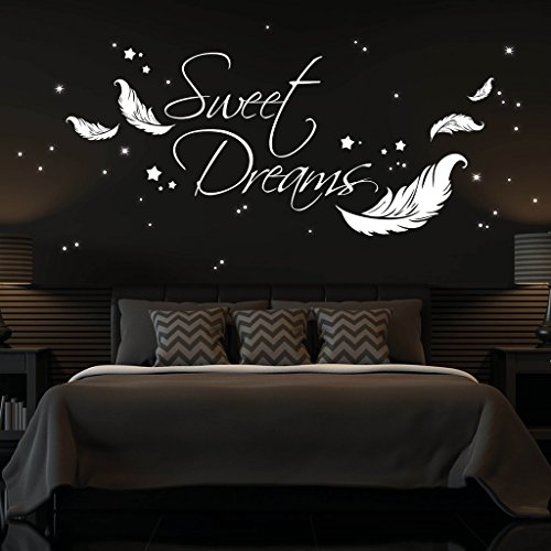 Wandtattoo Kinderzimmer Sweet Dreams Federn + 203 Leuchtaufkleber im Set Leuchtsticker fluoreszierend leuchten im Dunklen/pastellgrün 80 cm hoch x 184 cm breit + Leuchtaufkleber von Wandtattoo-Loft