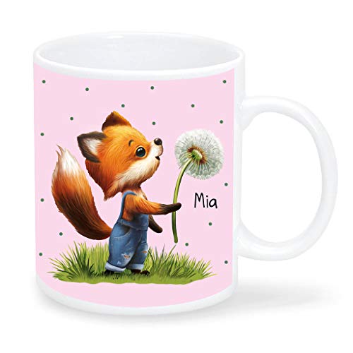 Wandtattoo Loft Tasse aus Kunststoff Fuchs Pusteblume personalisiert Wunschname Kindertasse/Rosa von Wandtattoo Loft