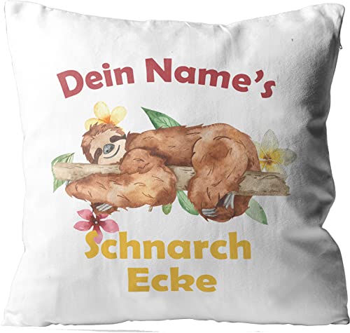 WarmherzIch Kissen Dein Name Schnarchecke - Kissenbezug mit Füllung, 45cm - Kissenhülle aus Baumwolle - Geschenk Wunschname Sofa Couch Faultier von WarmherzIch