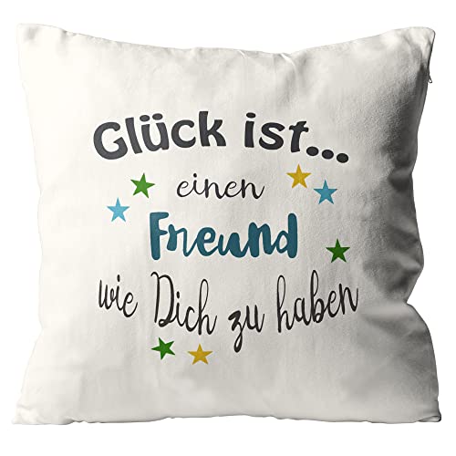 WarmherzIch Kissen Glück ist einen Freund wie Dich zu haben - Kissenbezug mit Füllung, 45cm - Kissenhülle aus Baumwolle - Geschenk BFF Bester Freund von WarmherzIch