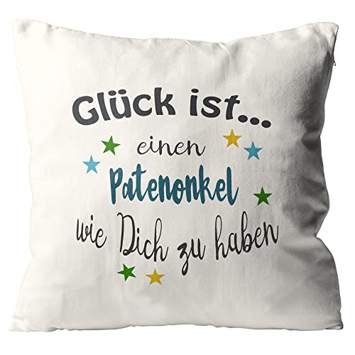 WarmherzIch Kissen Glück ist einen Patenonkel wie Dich zu haben - Kissenbezug ohne Füllung, 45cm - Kissenhülle aus Baumwolle - Geschenk Onkel Pate Taufe von WarmherzIch