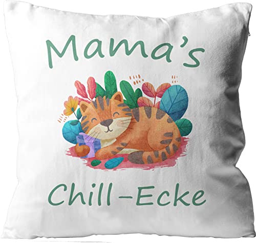 WarmherzIch Kissen Mamas Chill Ecke - Kissenbezug mit Füllung, 45cm - Kissenhülle aus Baumwolle - Geschenk Mama Schnarchecke Couch Chillen von WarmherzIch