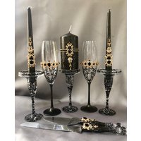 Schwarz Gold Hochzeit Gläser Und Tortenheber Messer Gothic Kerzen Set Schwarze Kerzenhalter Halloween Glas von WarmhomeGifts