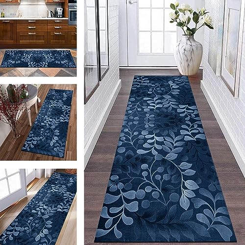 Läufer Teppich Küche Lang Flur rutschfest Küchenteppich Teppichmatten 40X60CM Küchenläufer Blau Blumen Korridor Teppichläufer Waschbar Meterware Flurläufer Wohnzimmer Schlafzimmer Breite 40-120cm von Wassly