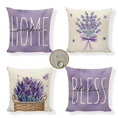 Kissenbezüge 40x40 cm 4er Set Lavendel Outdoor Kissen Lila Sofakissen Dekokissen Kopfkissen Wasserfest Linen Zierkissen Quadratische Kissenhülle für Gartenmöbel Sofa Bett Auto Terrasse Schlafzimmer von Waxonle