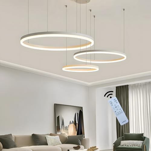 WayLuoung Metall LED Kronleuchter | 3 Kreise 40+60+80cm | 90W Rings Deckenhängelampe, Dimmbare Fernbedienung 3000–6000K, Acryl Schirm Pendelleuchte, Wohnzimmer Schlafzimmer Foyer Esszimmer【Weiß】 von WayLuoung