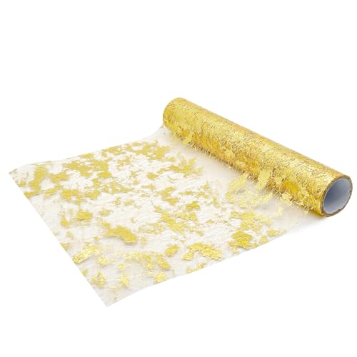 We Moment Zone Tischläufer Gold, Gold Tischdecken Dekostoff,Tischband aus Organza,Polyester Tisch läufer Tischdeko für Advent Karneval Taufe Geburtstage Hochzeit zu besonderen Anlässen 28 cm×5M von We Moment Zone