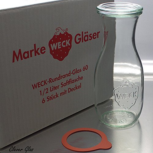 6 Weck Einkochgläser 1/2 Liter Saftflasche RR60 mit Glasdeckel und Ringen im Original Weck Karton (Mit Glasdeckel und Ringen) von Weck