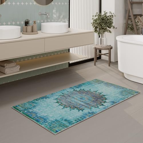 Waschbarer und Rutschfester Vintage Badezimmerteppich von WECONhome mit orientalischem Muster - Eleganz und Komfort für jedes Bad - Healing (70 x 120 cm, blau) von Wecon Home