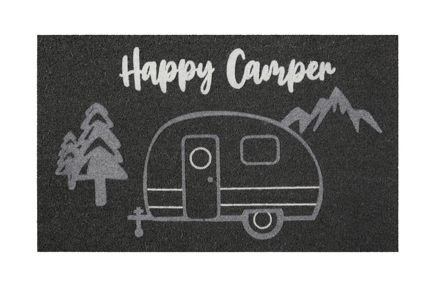 Fußmatte Happy Camper, Wecon home, Höhe: 18 mm, graue Schmutzfangmatte aus Kokosfaser, Antirutschbeschichtung, Camper von Wecon home