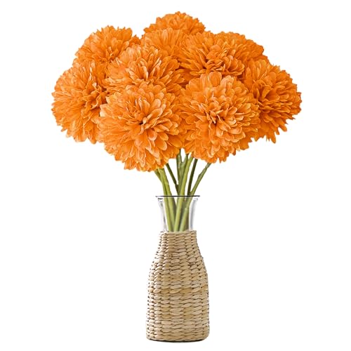 Wekuw Kunstblumen, 12 Stück Künstliche Hortensie Blumen Seide Pompon Chrysantheme Kugel Blumen Deco Hortensien Künstliche Pflanzen Unechte Blumen, für Hochzeits Deco, Heimdeko, Büro (Orange) von Wekuw