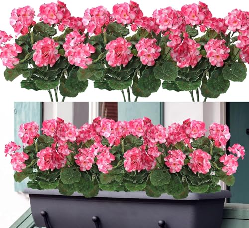 Weldomcor Künstliche Blumen, 3 Bündel im Freien und Innen Gefälschte Blumen, Geranie Blumen Dekoration Faux UV-beständige Geranienbusch für hängende Garten Veranda Fenster Box Dekor, Rosa von Weldomcor