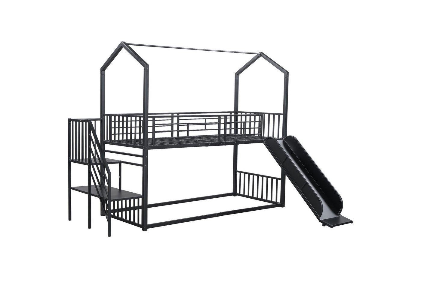 Welikera Bett 90*200cm Hausbett,Eisenrahmenbett mit Schiebetreppe, Hausmodellierung, stabil und zuverlässig, schwarz von Welikera