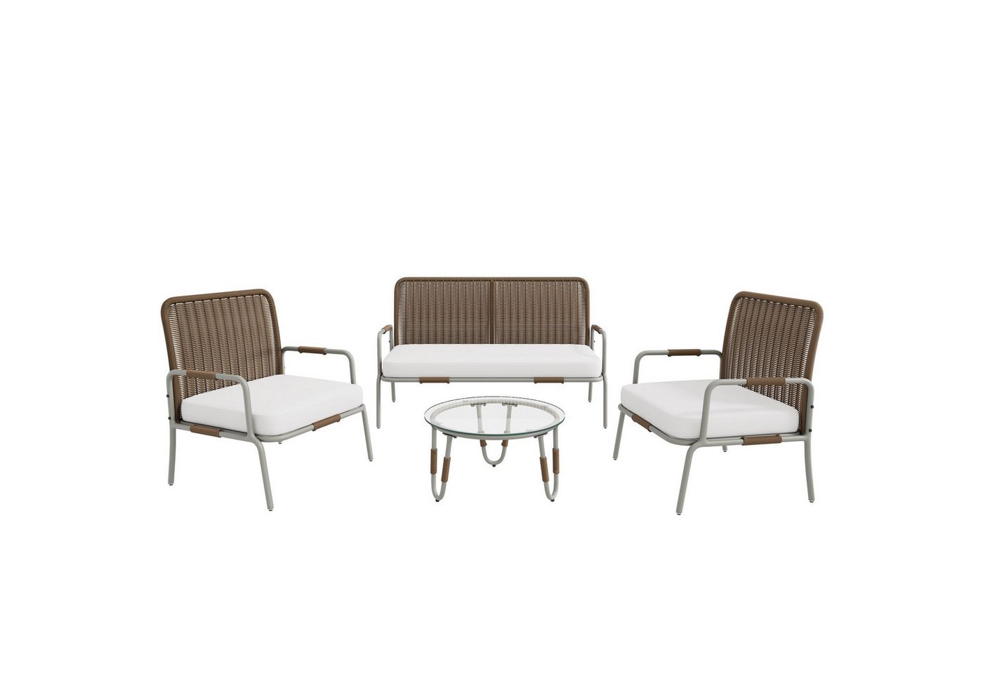 Welikera Gartenlounge-Set Rattansitz Sitzgruppe,Gartenmöbel Sitzgarnitur Garnitur Set mit Sessel, (mit Sessel, Couchtisch& Kissen,beige+weiß+braun/grau+weiß), Couchtisch & Kissen,Abnehmbarer,Waschbarer Stoffbezug,für 4 Personen von Welikera