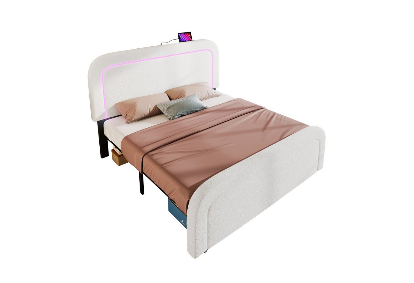 Welikera Polsterbett Doppelbett mit USB Typ C Ladefunktion,LED-Beleuchtung,160x200cm, Höhenverstellbarem Kopfteil,Lattenrost aus Holz,Ohne Matratze von Welikera