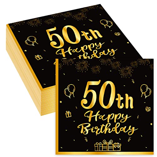 Servietten 50 Geburtstag, 40Stück Schwarze Gold 50. Happy Birthday Servietten, Einweg Papierserviette Tischdeko, 50er Geburtstag Männer Frauen Geburtstags Party Deko (40, Schwarz Gold 50er) von Wentsent