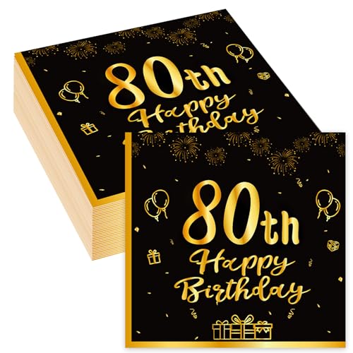 Servietten 80 Geburtstag, 40Stück Schwarze Gold 80. Happy Birthday Servietten, Einweg Papierserviette Tischdeko, 80er Geburtstag Männer Frauen Geburtstags Party Deko von Wentsent