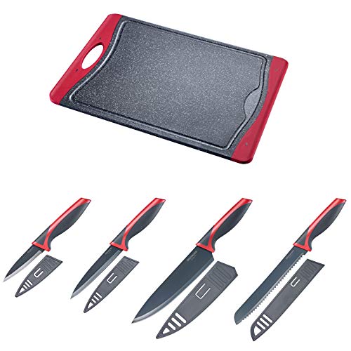 Westmark Schneid/Messer-Set 5-tlg, 1 großes Schneidbrett und 4 Messer, Schneidbrett 37 x 25,5 cm, Chefmesser/Brotmesser-Klinge: je 20 cm, Allzweckmesser Klinge 12 cm, Schälmesser Klinge 8 cm, 145222E6 von Westmark