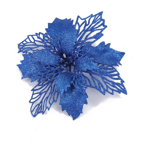 Whakano 30 Stück Weihnachten Glitzer Weihnachtsstern Blumen mit Clips,Poinsettia Weihnachtsblume Glitzernde für Weihnachtsbaum Dekorationen,Weihnachtsblumen für Weihnachts,Garten,Neujahr,Kränze,Blau von Whakano