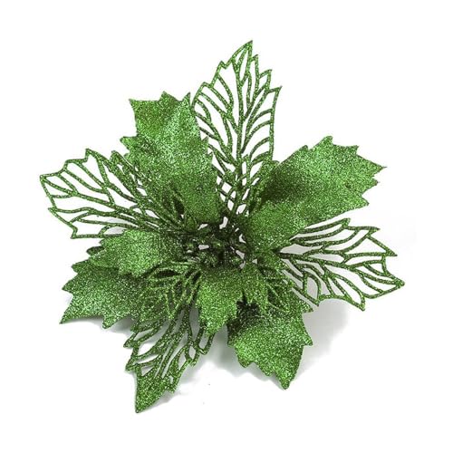 Whakano 30 Stück Weihnachten Glitzer Weihnachtsstern Blumen mit Clips,Poinsettia Weihnachtsblume Glitzernde für Weihnachtsbaum Dekorationen,Weihnachtsblumen für Weihnachts,Garten,Neujahr,Kränze,Grün von Whakano