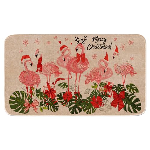 Whaline Fußmatte mit Aufschrift "Merry Christmas", rosa Flamingo, rutschfest, dekorative Bodenmatten, Eingangstür, Teppiche für Weihnachten, Zuhause, Haustür, Badezimmer, Veranda, Dekoration, 43,2 x von Whaline