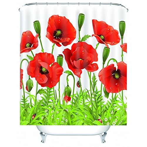 Duschvorhang Rote Blumen, Duschvorhang Eckbadewanne 165X180cm Polyester Shower Curtains Mohnblume Grün Waschbar Wasserdicht von Whoiy