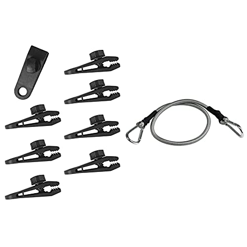 Windhager Planenclip, Halterung Spanner Befestigungsclip für Plane Zelt Gewebeplane Set 8 teilig, schwarz, 07010, 0,83 x 26 x 28 cm & Expanderseil mit Karabiner, 4 Stück, 70 cm, schwarz, 70x3,5x3,5cm von Windhager