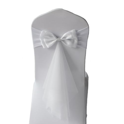 Wisafory 20 Stück Stuhlschleifen Hochzeit Stuhlschärpen mit Strass Abnehmbaren Elastizität Satin Schleifen Stuhl Schärpen Tüll Stuhl Rücken Bogen ohne Stuhlbezug für Hochzeit Party Weiß von Wisafory