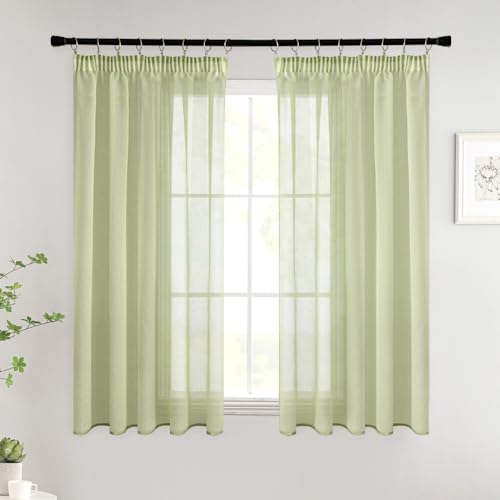 Woaboy Gardinen mit Kräuselband Kurz Fenster Voile Vorhänge Wohnzimmer Transparent Sheer Curtains Stores Gardine Schlafzimmer Modern Schlaufengardinen 2er Set 140x145cm (BxH) Grün von Woaboy