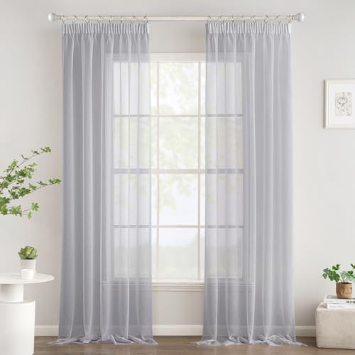 Woaboy Gardinen mit Kräuselband Voile Vorhänge Wohnzimmer Transparent Sheer Curtains Stores Gardine Schlafzimmer Modern Schlaufengardinen 2er Set 140x260cm (BxH) Grau von Woaboy