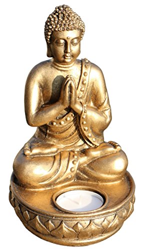 Schöner 18 cm Teelichthalter Buddha Gold Resin Thailand Buddhismus Bali Res17 von Wogeka