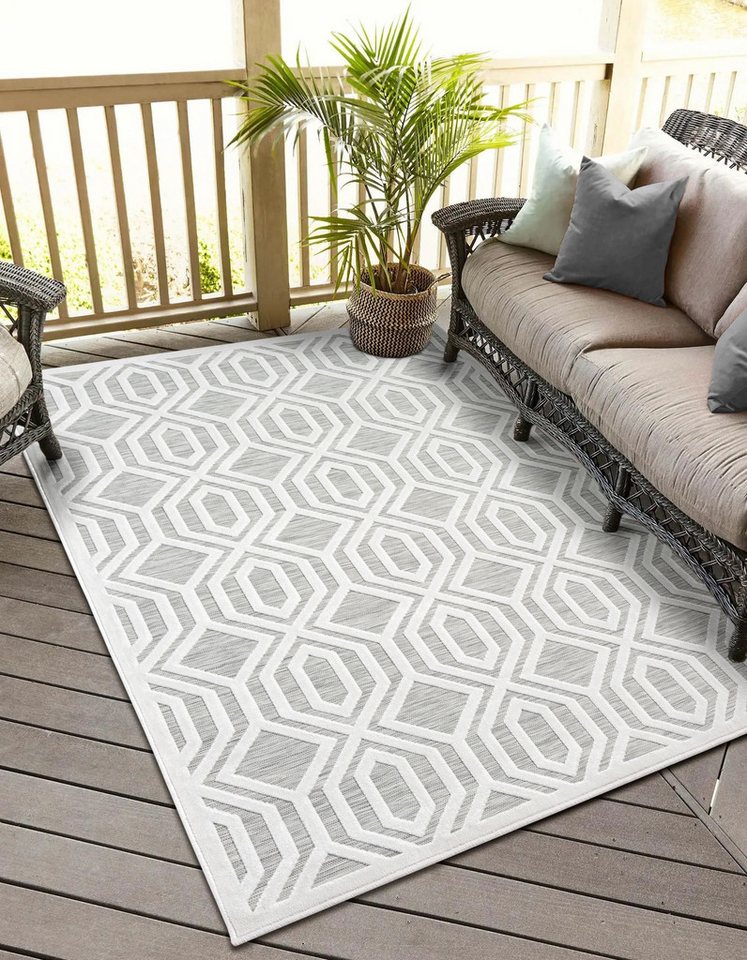 Teppich MY-RUG Outdoor-Teppich "Fantasia" 150x80 cm, grau, Wohnando, rechteckig, Höhe: 8 mm, mit schlichtem Hoch-Tief-Design von Wohnando