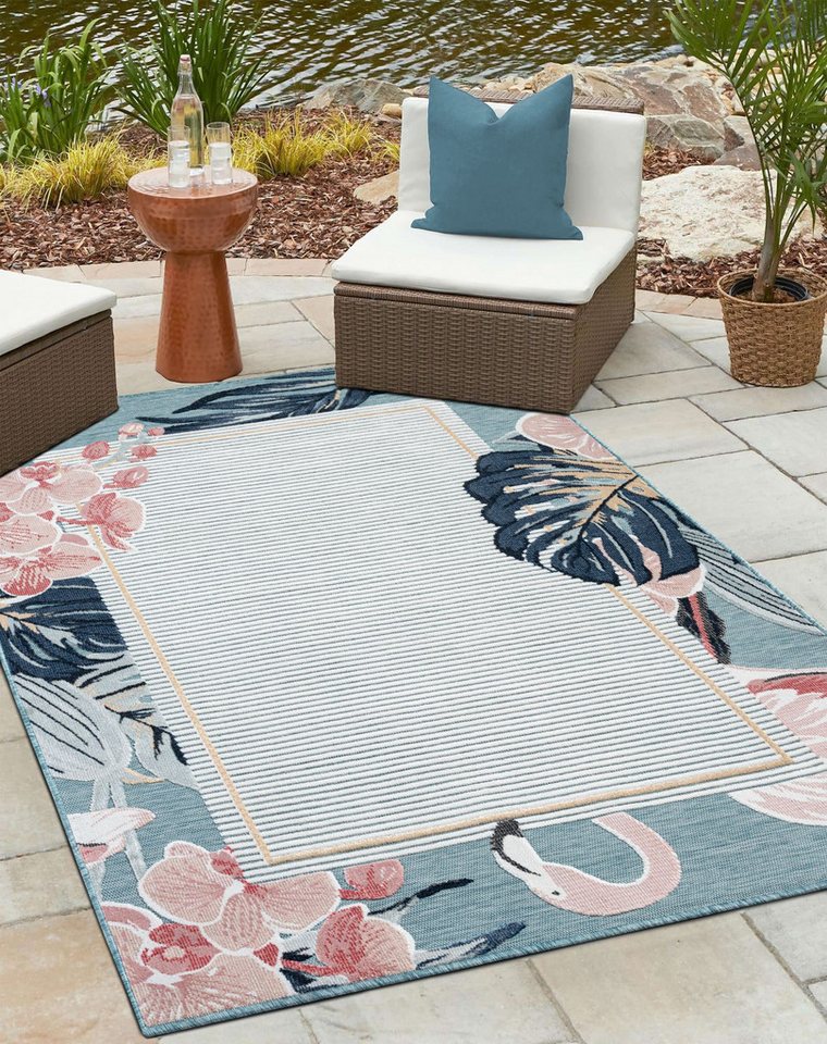 Teppich MY-RUG Outdoor-Teppich "Kairos" 150x80 cm, blau, Wohnando, rechteckig, Höhe: 8 mm, mit floralem Hoch-Tief-Design mit Flamingo, für Balkon und Garten von Wohnando