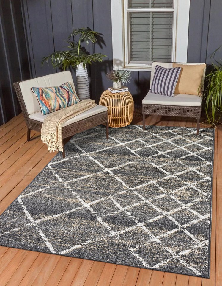Teppich MY-RUG Outdoor-Teppich "Faby" 150x80 cm, schwarz, Wohnando, rechteckig, Höhe: 6 mm, mit modernem Muster, Gemütlichkeit beim Grillabend von Wohnando
