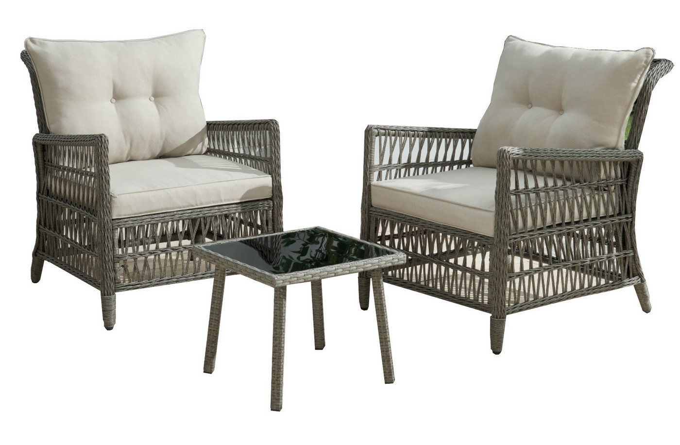 Wohnando Garten-Essgruppe Garten Sitzmöbelset "Vento", modernes Rattan Design, (3-tlg), 3-teilig mit Sitzkissen creme, Gartenmöbel von Wohnando