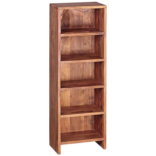 Wohnling CD Regal Massivholz Sheesham Standregal 90 cm hoch CD-Aufbewahrung 5 Fächer Bücherregal dunkel-braun Landhaus-Stil Design Büroregal freistehend 4 Böden 30 cm breit Echt-Holz Natur-Produkt von Wohnling