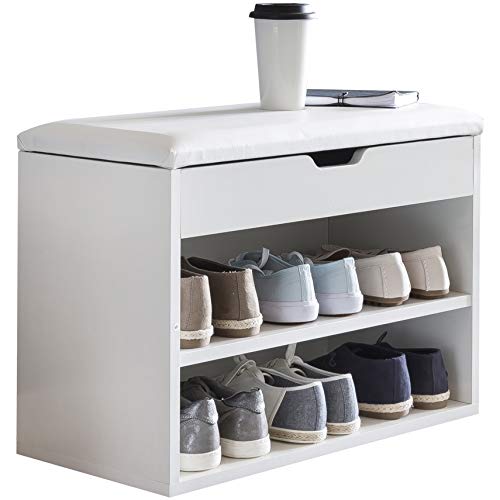Wohnling Schuhbank mit Sitzfläche Weiß Garderoben-Bank Holz 60 x 40 x 30 cm, Holzbank klein gepolstert, Sitzbank schmal Flur mit Stauraum, Truhenbank Schuhtruhe Flurmöbel Wohnling Schuhbank mit Sitzfläche Weiß Garderoben-Bank Holz 60 x 40 x 30 cm, Holzbank klein gepolstert, Sitzbank schmal Flur mit Stauraum, Truhenbank Schuhtruhe Flurmöbel von Wohnling
