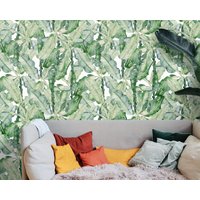 Bananenblätter Muster Tapete, Abnehmbare Grüne Weiße Blätter Pflanzen Trendige Tapete von Wondeca