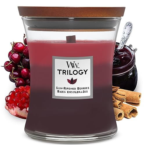 Große WoodWick Trilogy-Duftkerze im Sanduhrglas mit knisterndem Docht, Sun Ripened Berries, bis zu 130 Stunden Brenndauer,Medium Hourglass von WoodWick