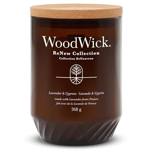 WoodWick ReNew Duftkerze mit knisterndem Docht | Große Kerze Cherry Lavender & Cypress | Pflanzliche Soja-Kokosnuss-Wachsmischung | Hergestellt aus recycelten Materialien von WoodWick