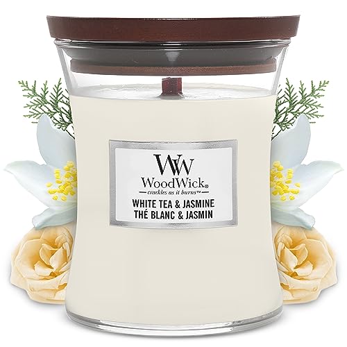 WoodWick mittelgroße Duftkerze im Sanduhrglas mit knisterndem Docht, White Tea & Jasmine, bis zu 60 Stunden Brenndauer von WoodWick