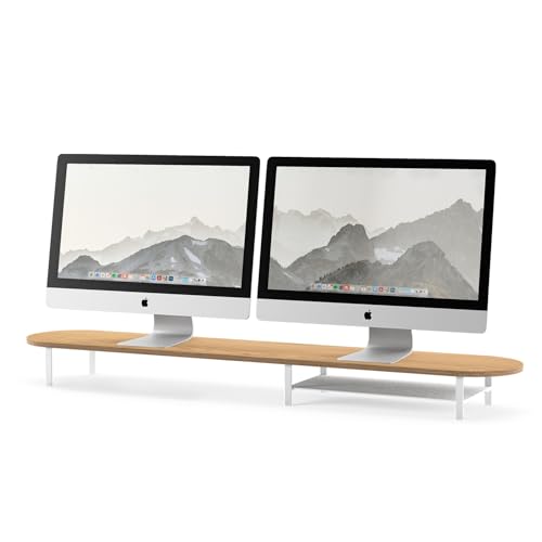 Woodcessories - Dual Monitorständer Holz, Monitor Erhöhung Schreibtisch, ergonomische Bildschirmerhöhung für 2 Monitore mit Ablage aus nachhaltigem Eichenholz (Weiß) von Woodcessories