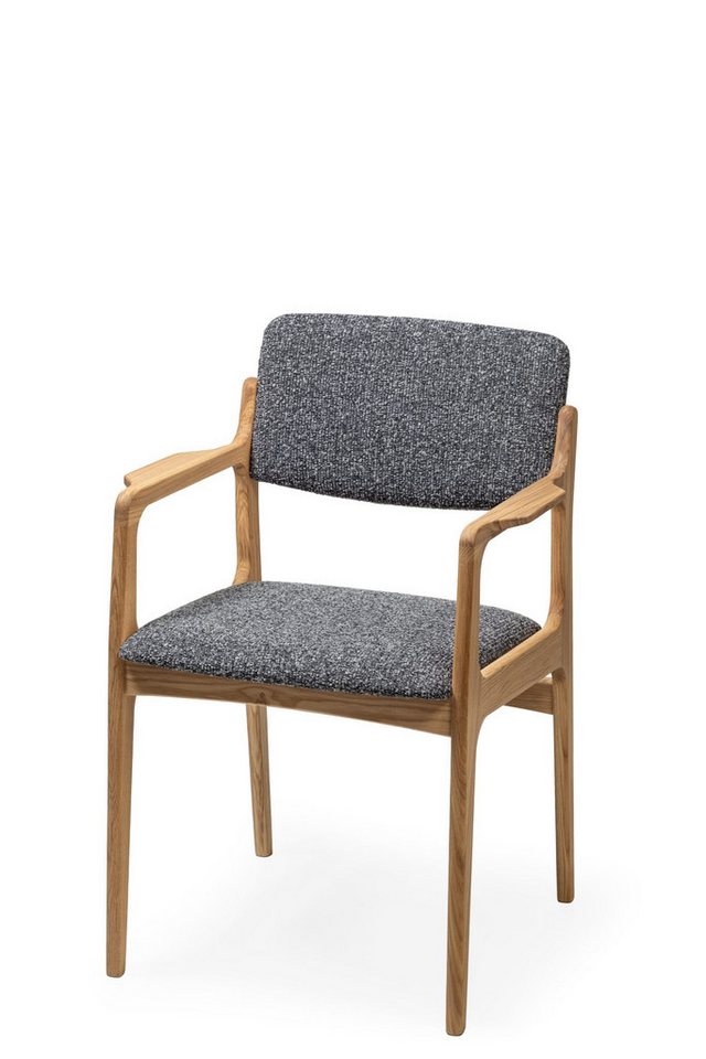 Woodek Design Esszimmerstuhl OSLO mit Armlehnen, gepolsterter Rückenlehne und Sitzfläche (Stoff Monet Anthracite (dunkel), 1 St), hergestellt aus massivem Eichenholz von Woodek Design