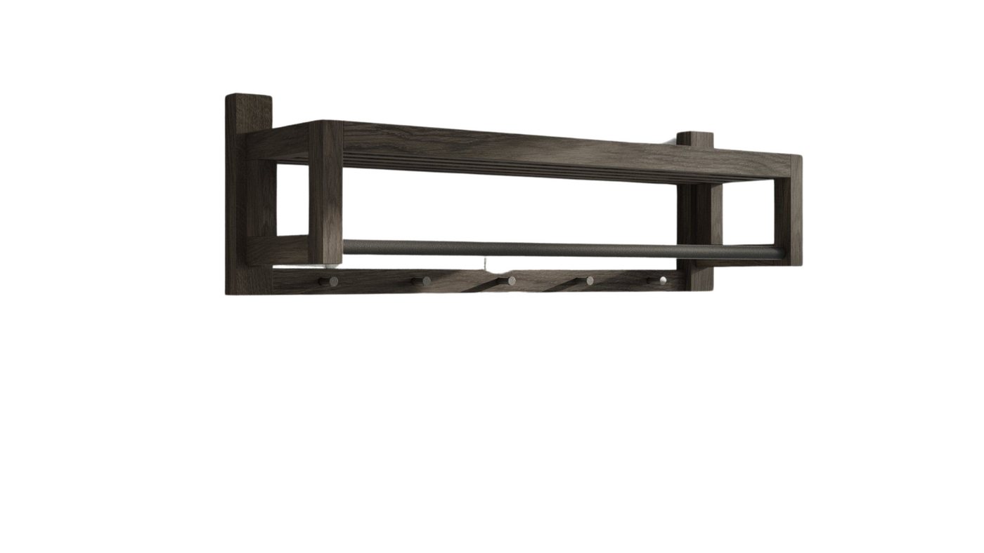 Woodek Design Wandgarderobe BO mit 5 Haken, funktionales Garderobenpaneel, H 26 x B 80 x T 26 cm (Flurgarderobe aus schwarz geöltem Eichenholz und Metall, 1 St., minimalistischer Wandhaken), industrielle Garderobenleiste mit Kleiderstange von Woodek Design