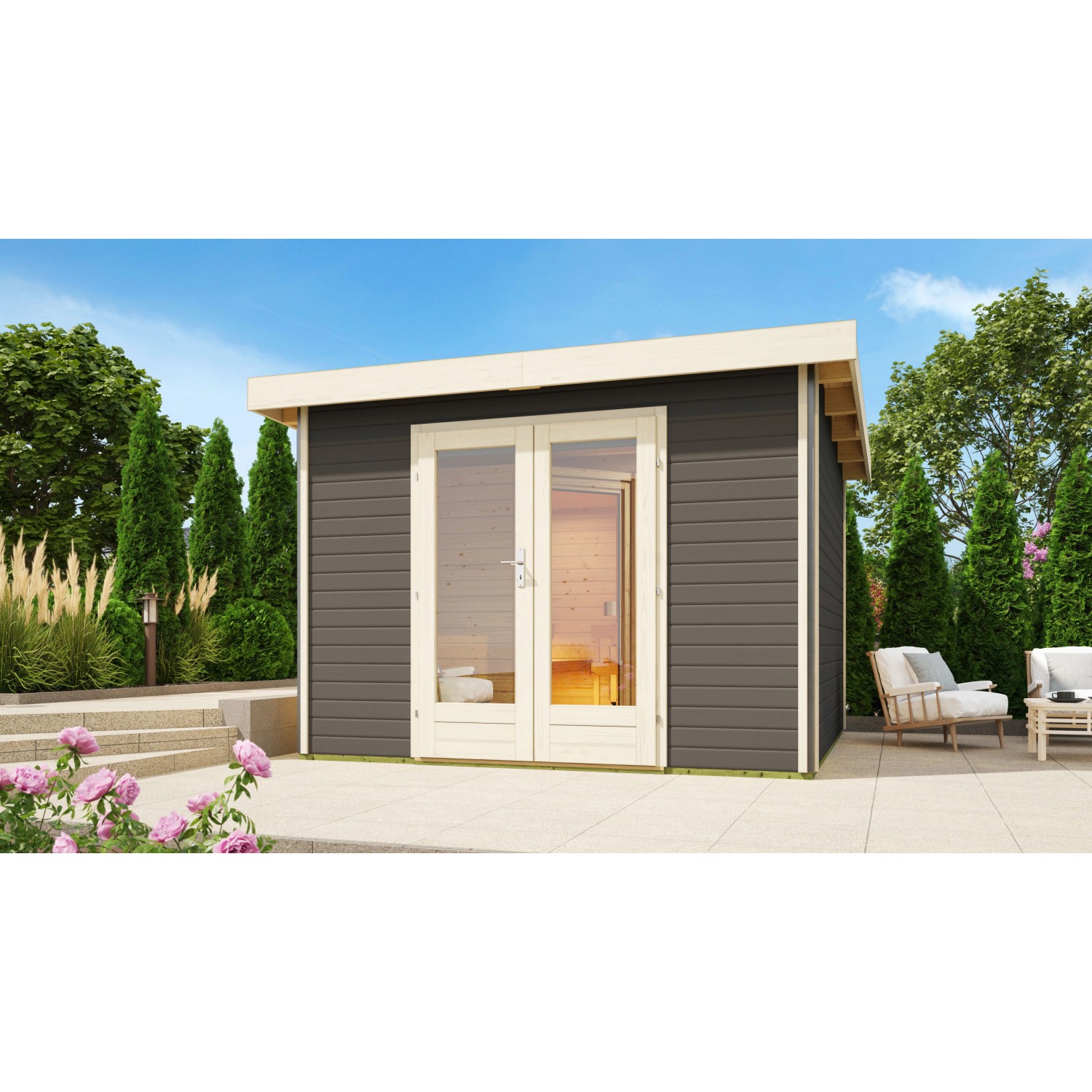 Karibu Saunahaus Magnus 1 Set A Terragrau mit Ofen 9 kW Bio ext. Strg. von Karibu