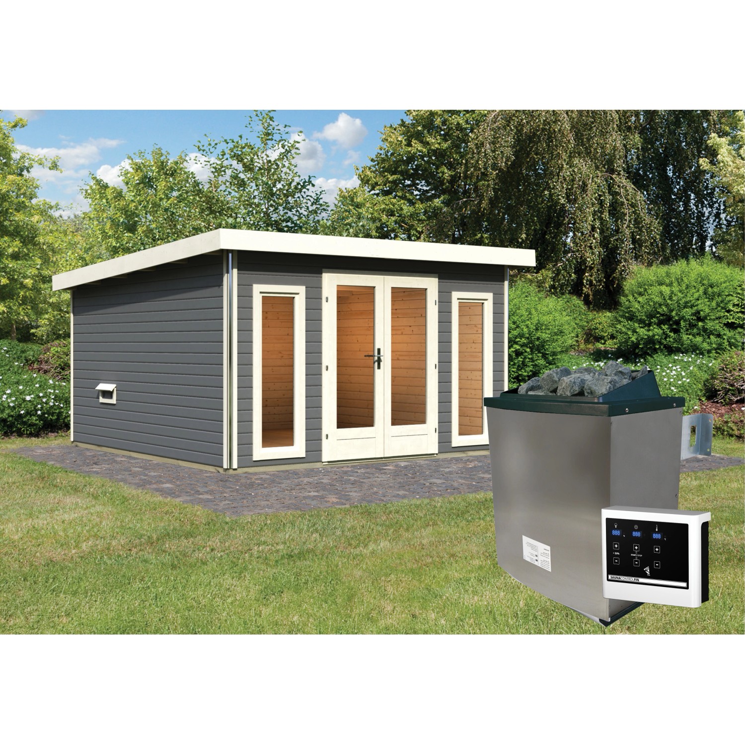 Karibu Saunahaus Magnus 3 Set B Terragrau mit Ofen 9 kW ext. Strg. von Karibu