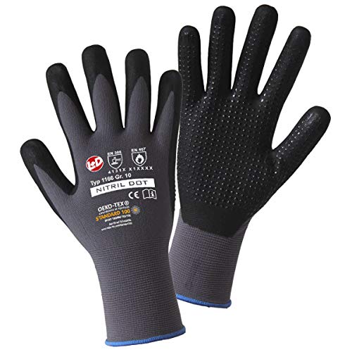 L+D Worky 1166 Nitril Dot feinmaschiges Handschuh Gr.10 100% Polyamid mit Schaumstoff Nitril Beschichtung mit Noppen Größe 10, Schwarz, XL von L+D