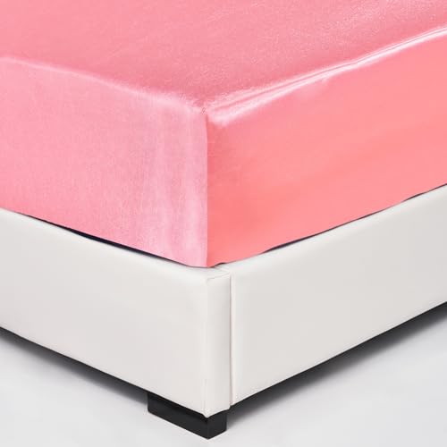 Wotcsil Satin Spannbettlaken 160x200cm Rosa für Matratze Boxspringbett Topper bis 30 cm Satin Seide Spannbetttuch Bettlaken Elastisch Deluxe Unifarben Spannbetttuch Polyester-Satin von Wotcsil