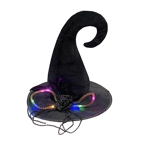 WuLi77 Leuchtender Halloween-Hexenhut für Mädchen und Frauen, schwarzer Cosplay-Party-Kostümzubehör, Mädchen, breite Krempe, spitzer Hut, Zaubererhut,Gartenschlauch von WuLi77