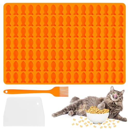 Wvu & Wvo 2,5CM Mini Fische Backmatte Katzenkekse Silikon Backform Katzenleckerli Backmatten mit Backpinsel und Teigschaber für DIY Katzenleckerlies(Orange) von Wvu & Wvo